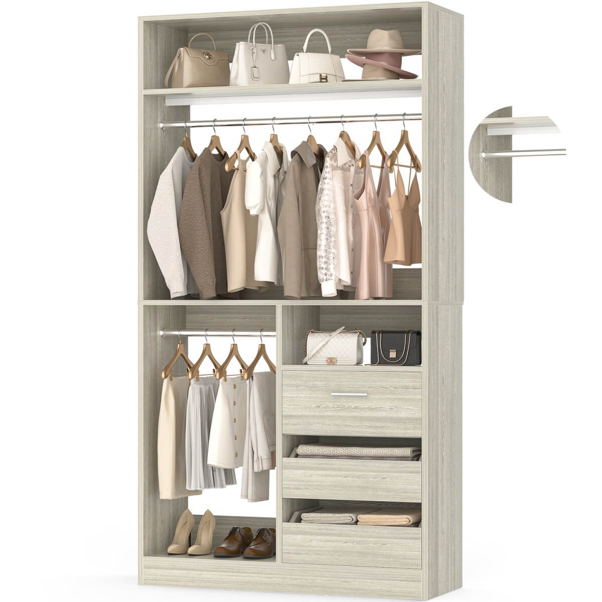 3FT Walk-in Closet System with 3 Drawers & Suitcase Storage