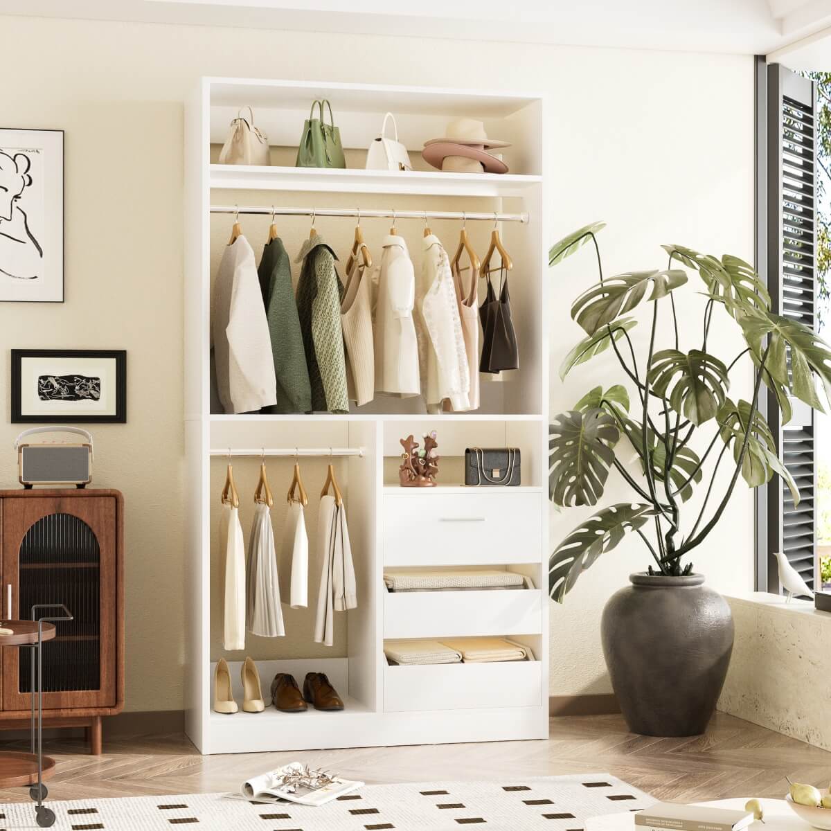 3FT Walk-in Closet System with 3 Drawers & Suitcase Storage