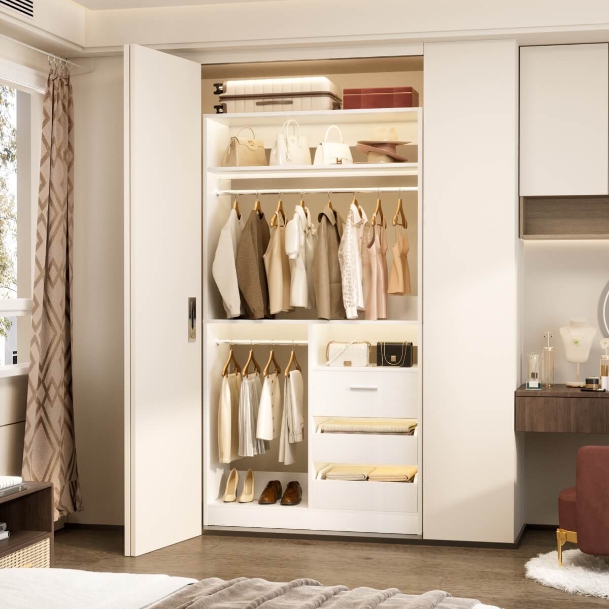 3FT Walk-in Closet System with 3 Drawers & Suitcase Storage