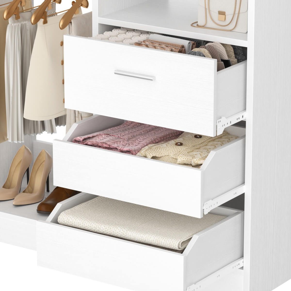 3FT Walk-in Closet System with 3 Drawers & Suitcase Storage