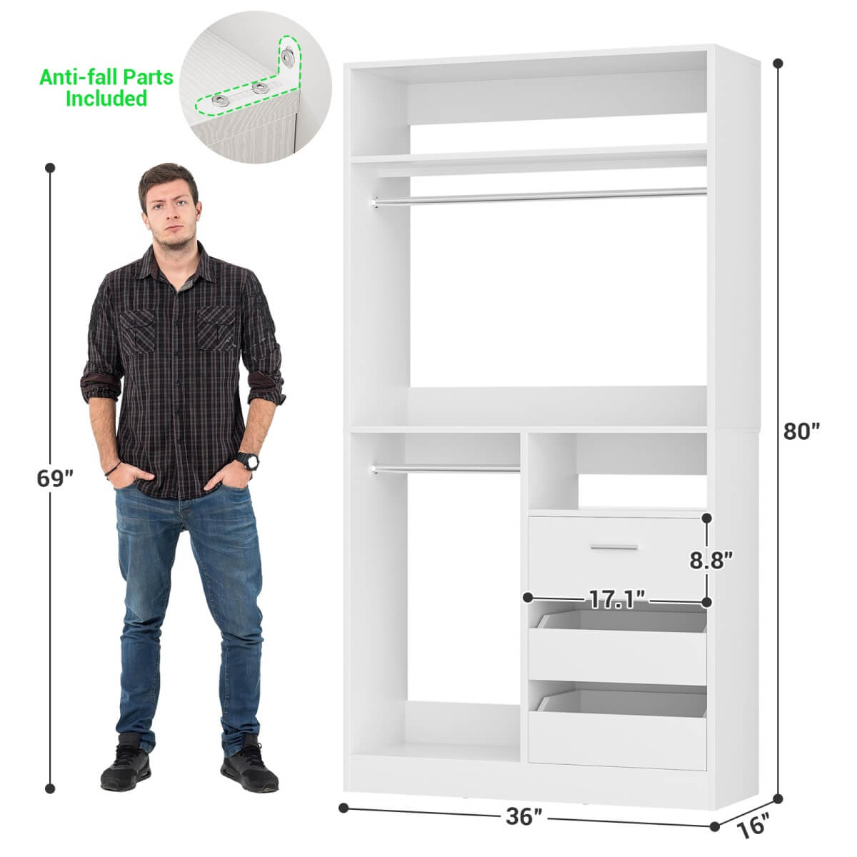 3FT Walk-in Closet System with 3 Drawers & Suitcase Storage