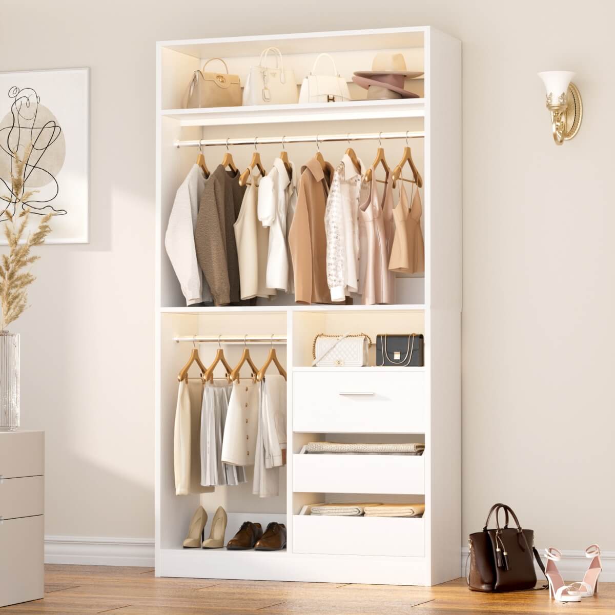 3FT Walk-in Closet System with 3 Drawers & Suitcase Storage