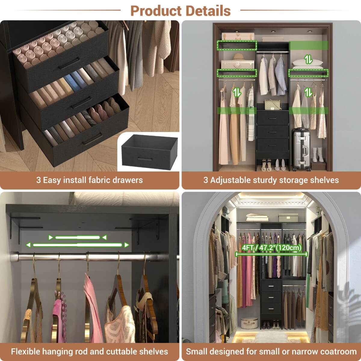 4FT Small Closet System with 3 Fabric Drawers
