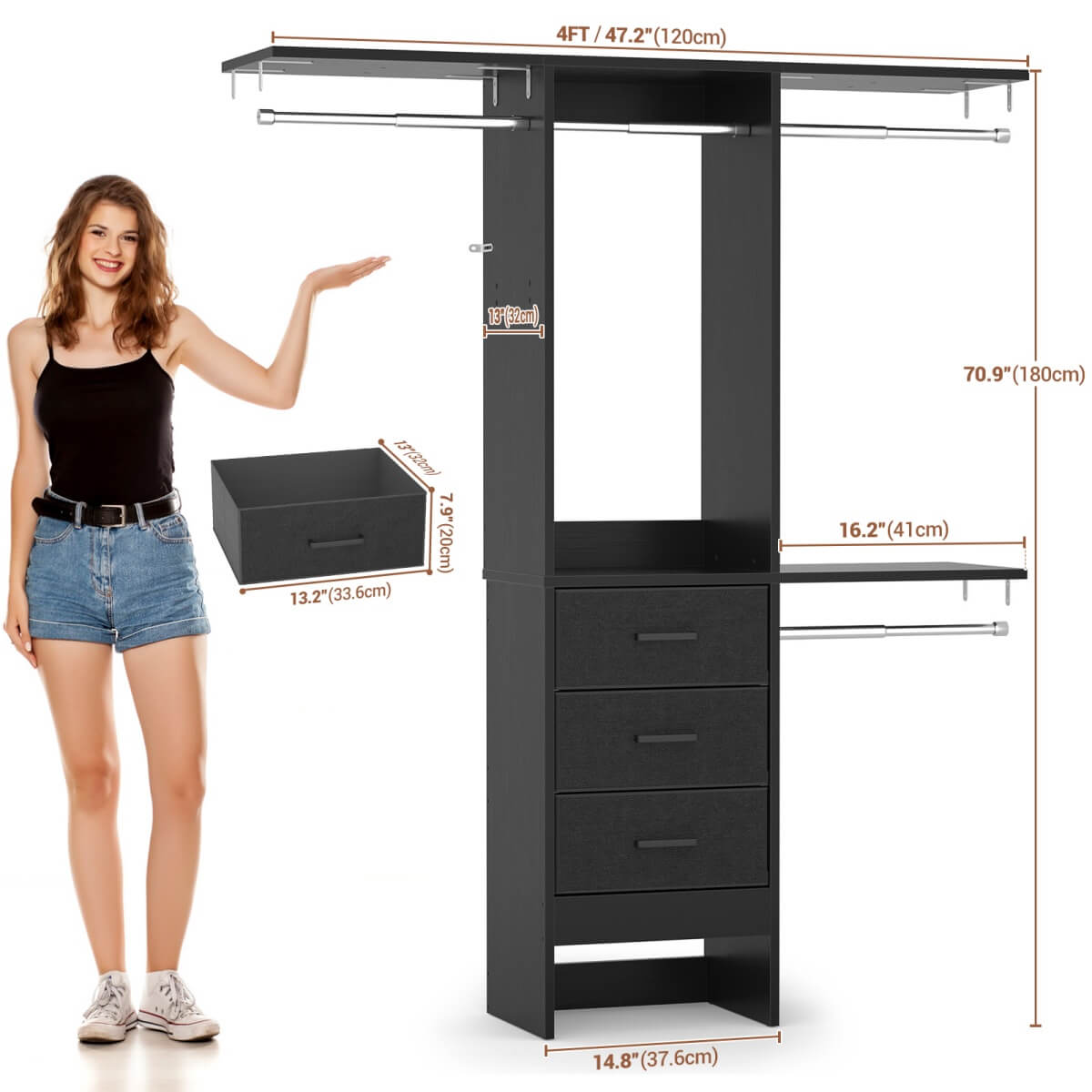 4FT Small Closet System with 3 Fabric Drawers