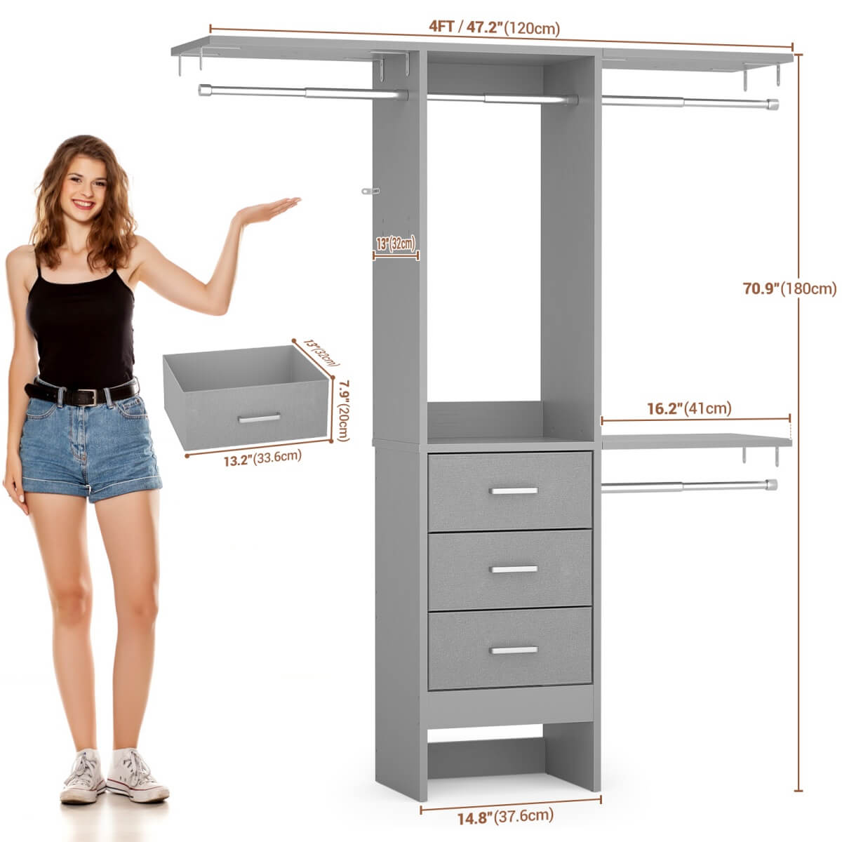 4FT Small Closet System with 3 Fabric Drawers