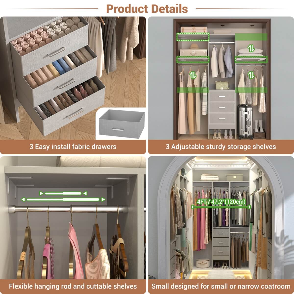 4FT Small Closet System with 3 Fabric Drawers