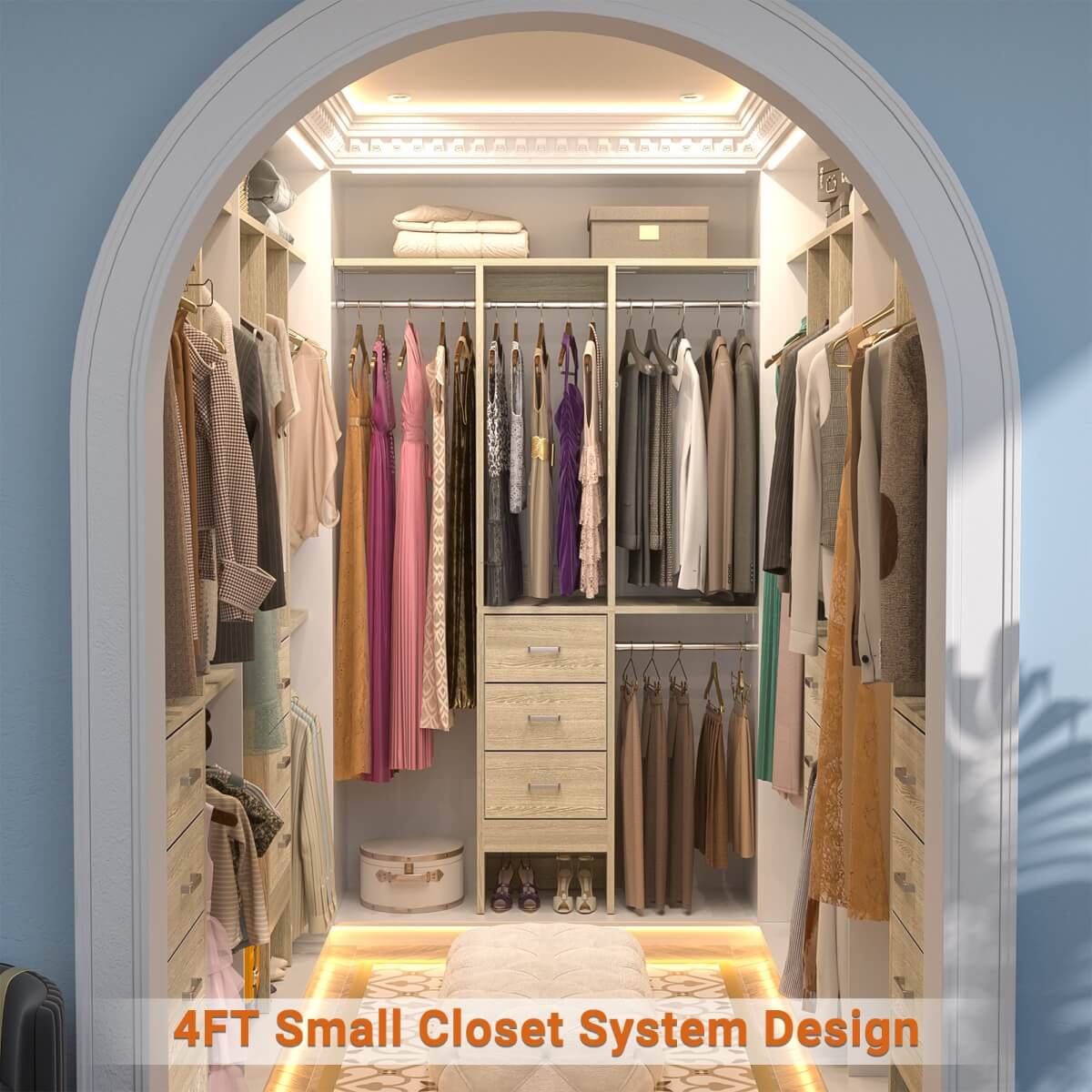 4FT Small Closet System with 3 Fabric Drawers