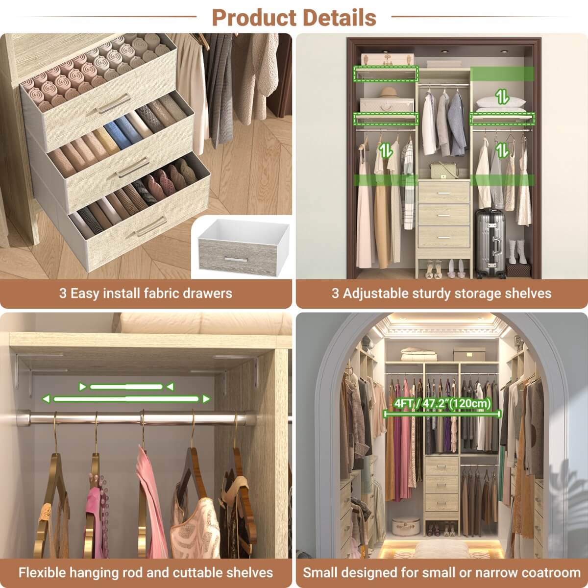 4FT Small Closet System with 3 Fabric Drawers