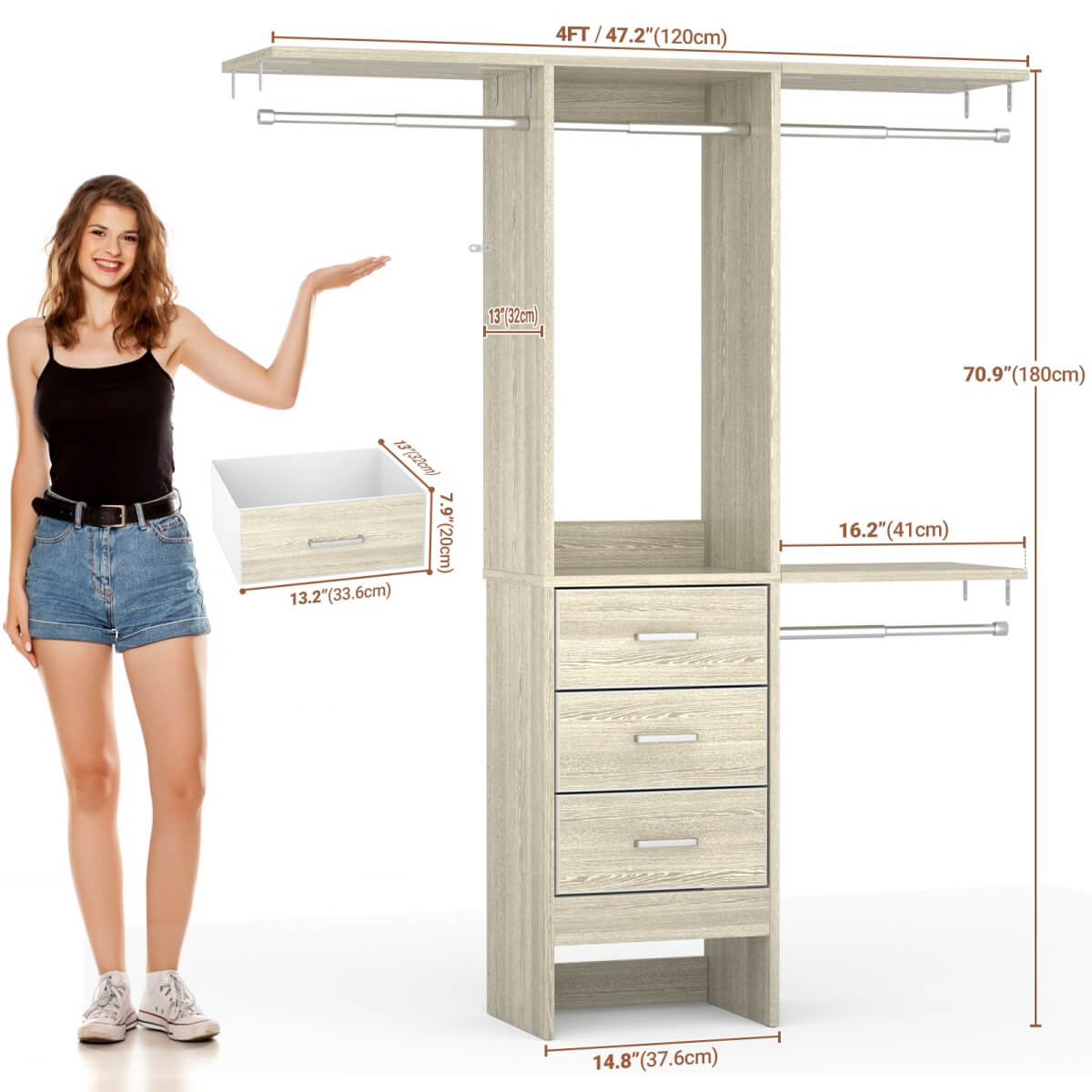 4FT Small Closet System with 3 Fabric Drawers