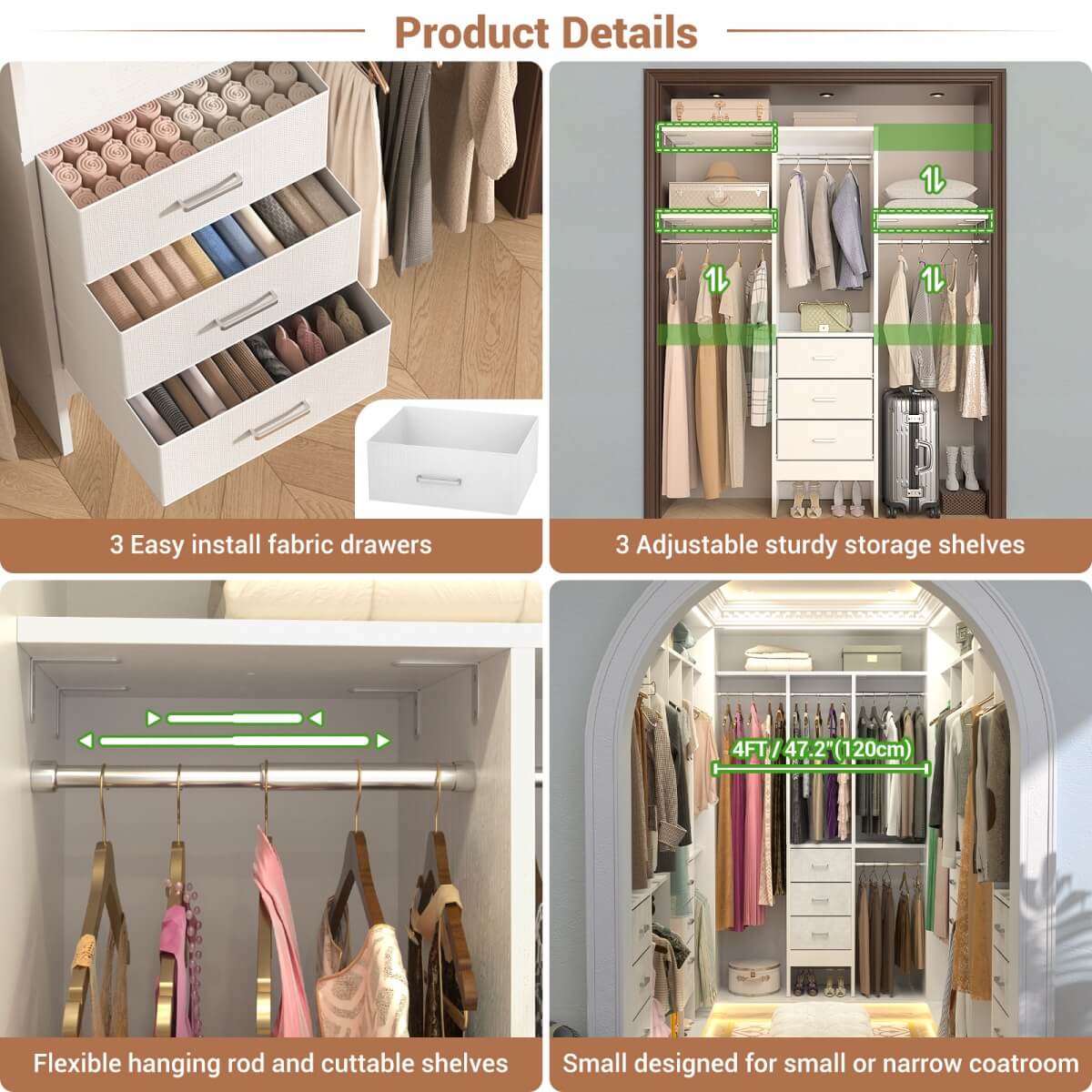 4FT Small Closet System with 3 Fabric Drawers