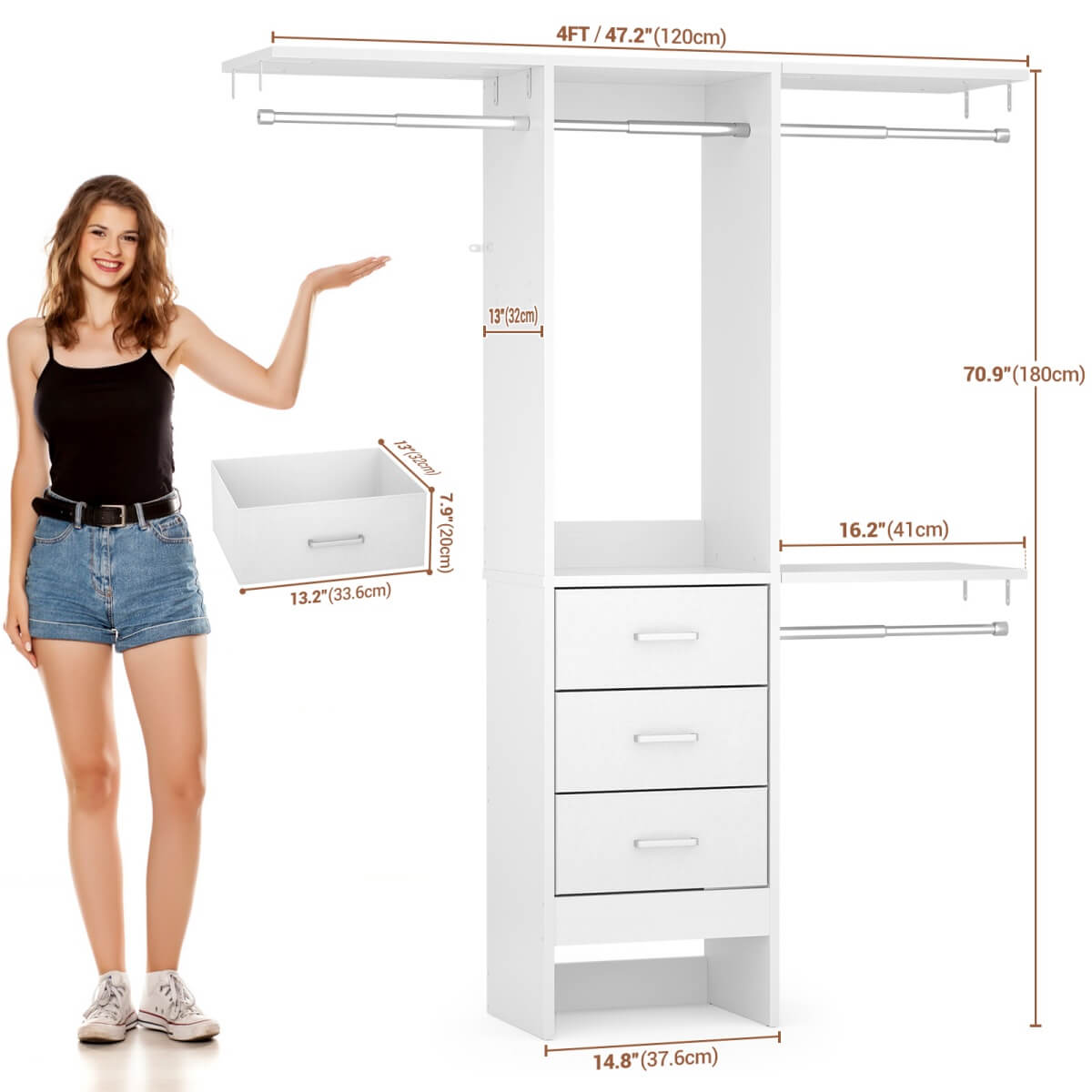 4FT Small Closet System with 3 Fabric Drawers