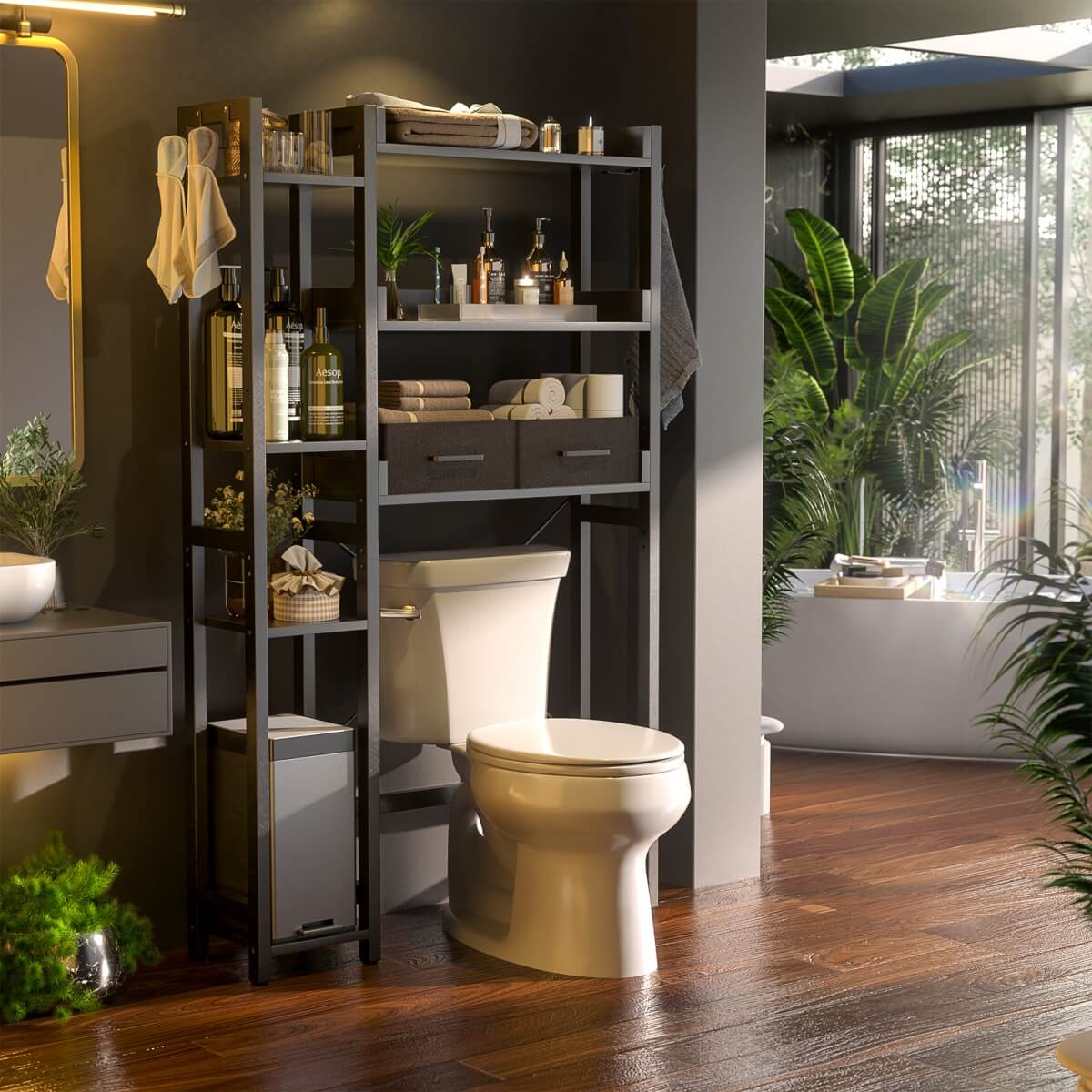 7 Tier Over The Toilet Storage with 2 Drawers, Shelf Adjustable