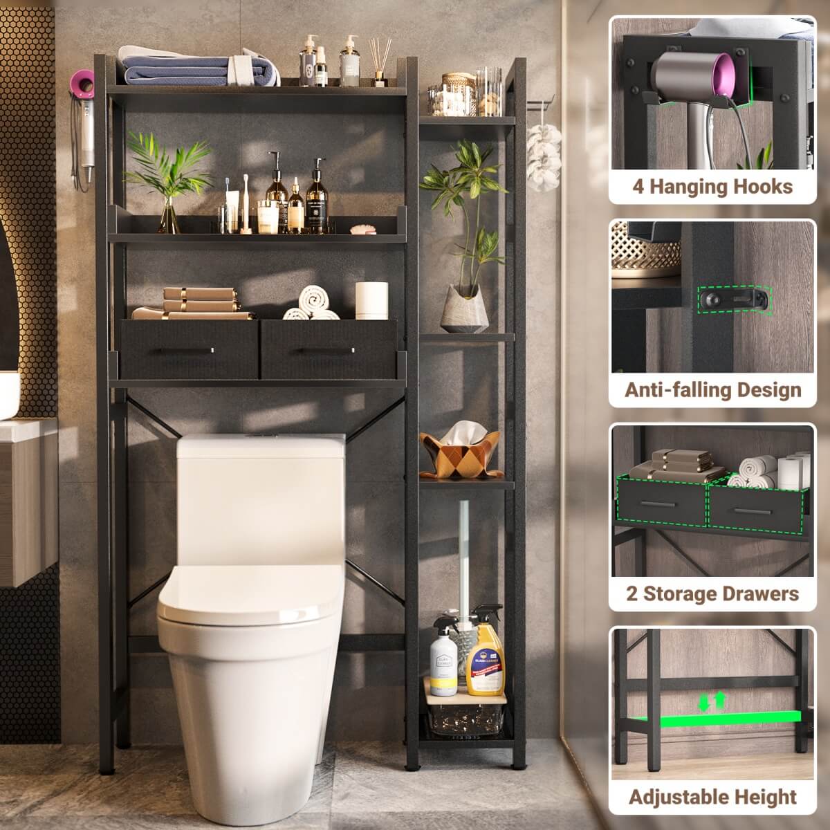 7 Tier Over The Toilet Storage with 2 Drawers, Shelf Adjustable
