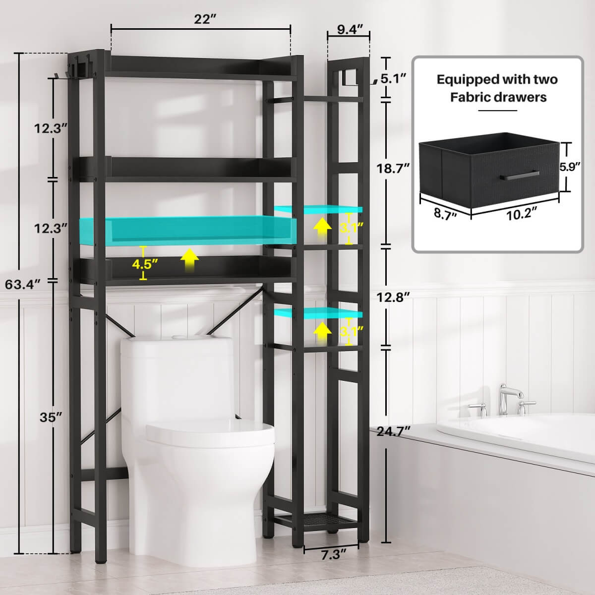 7 Tier Over The Toilet Storage with 2 Drawers, Shelf Adjustable