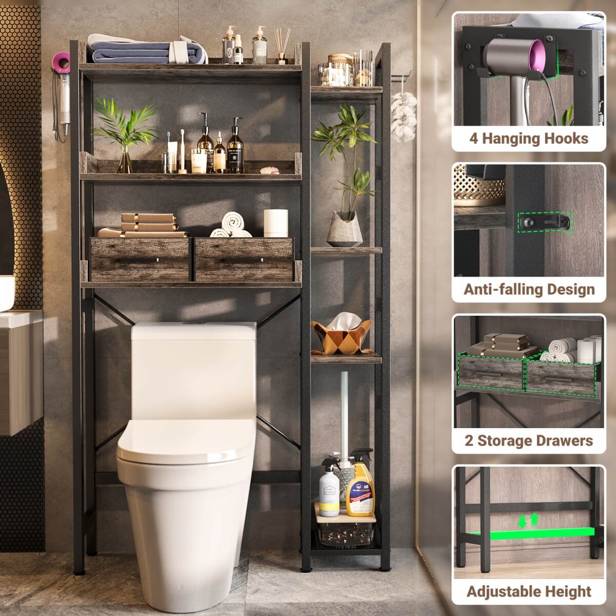 7 Tier Over The Toilet Storage with 2 Drawers, Shelf Adjustable