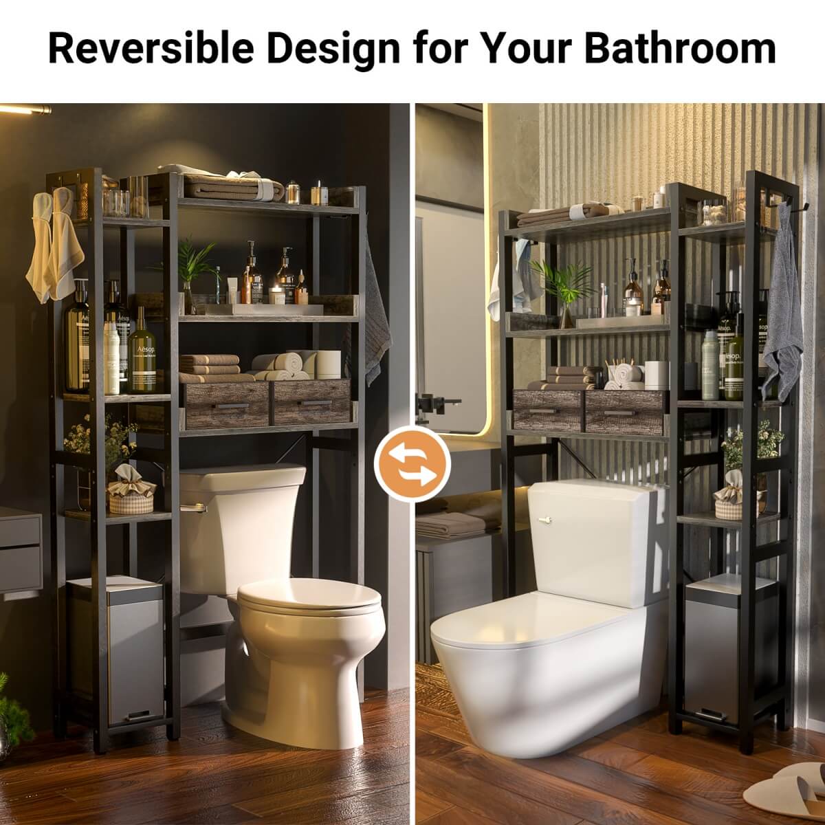7 Tier Over The Toilet Storage with 2 Drawers, Shelf Adjustable