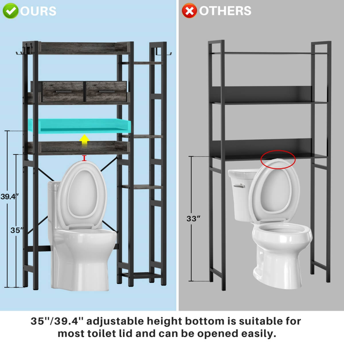 7 Tier Over The Toilet Storage with 2 Drawers, Shelf Adjustable