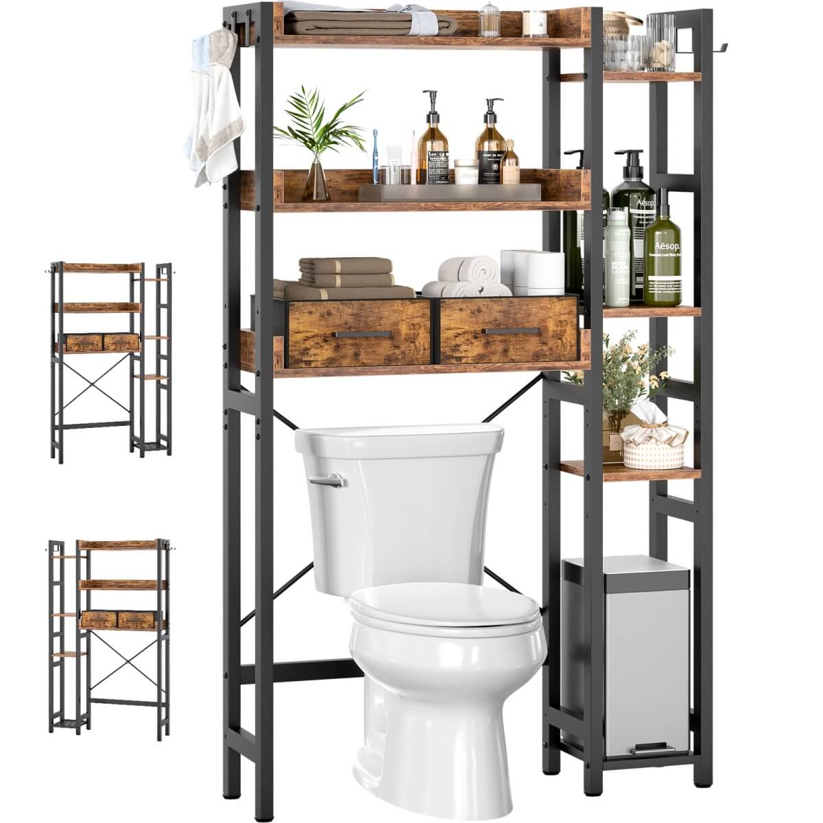 7 Tier Over The Toilet Storage with 2 Drawers, Shelf Adjustable