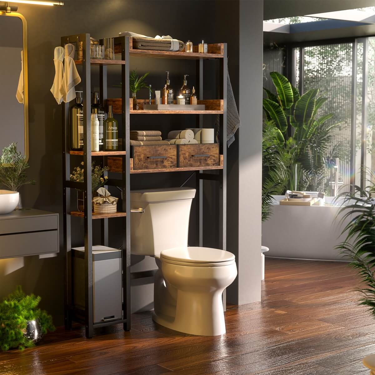 7 Tier Over The Toilet Storage with 2 Drawers, Shelf Adjustable