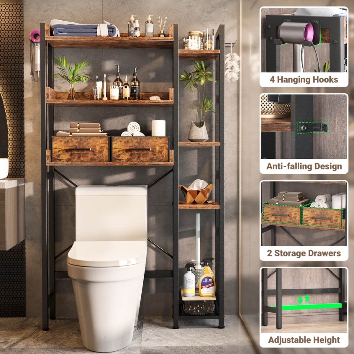 7 Tier Over The Toilet Storage with 2 Drawers, Shelf Adjustable