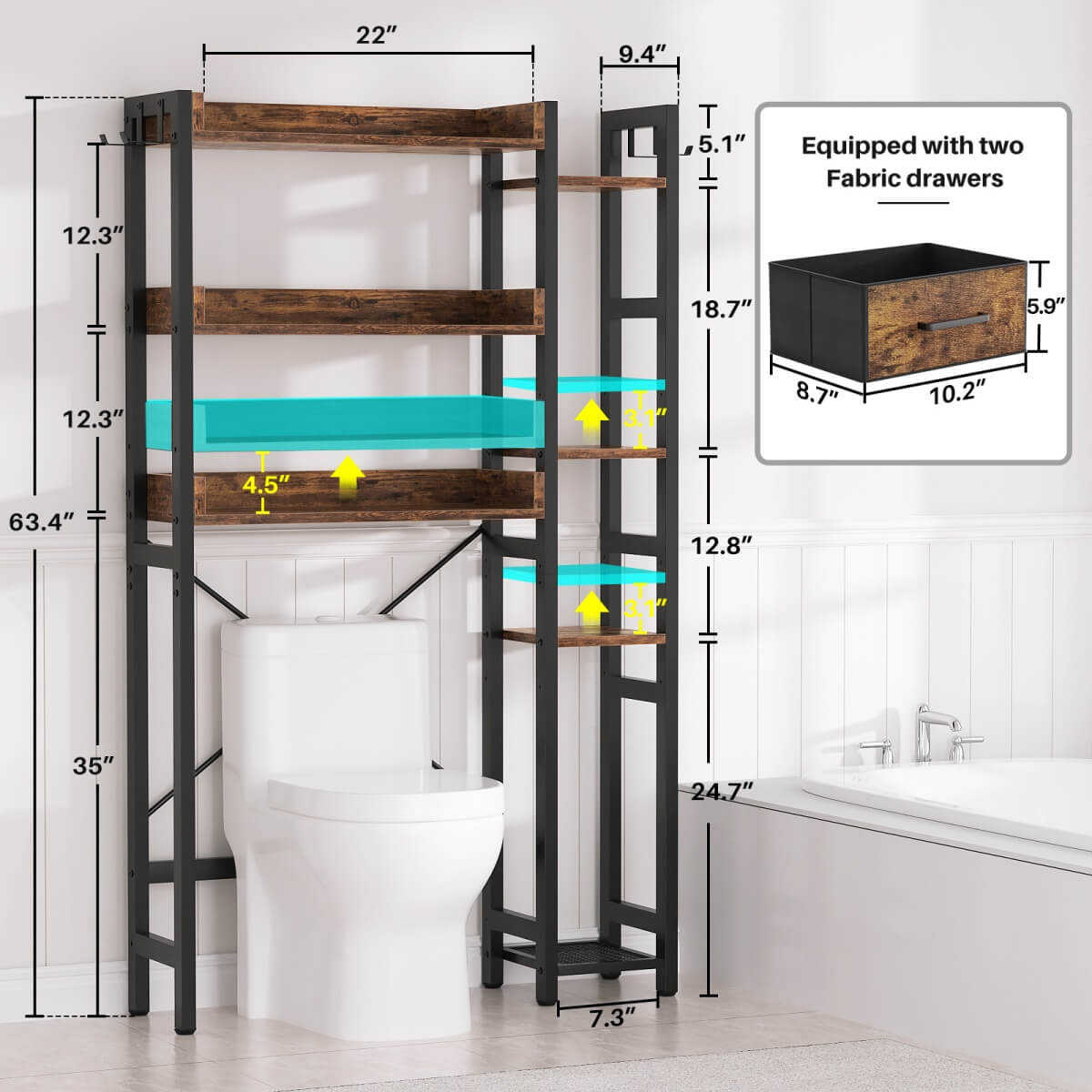 7 Tier Over The Toilet Storage with 2 Drawers, Shelf Adjustable