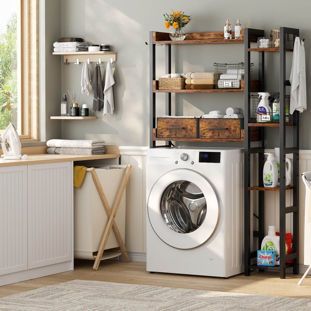 7 Tier Over The Toilet Storage with 2 Drawers, Shelf Adjustable
