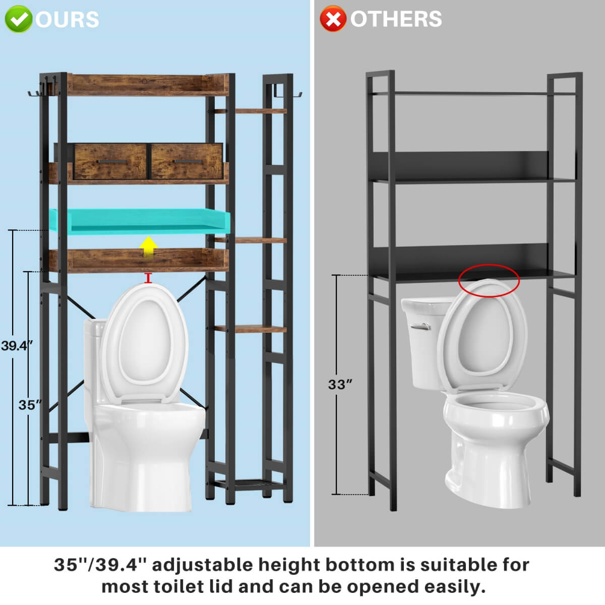 7 Tier Over The Toilet Storage with 2 Drawers, Shelf Adjustable