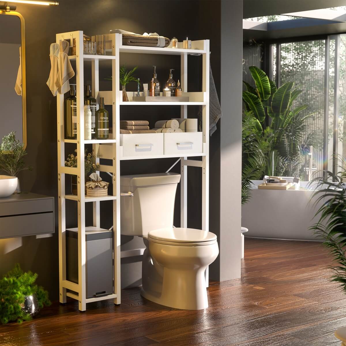 7 Tier Over The Toilet Storage with 2 Drawers, Shelf Adjustable