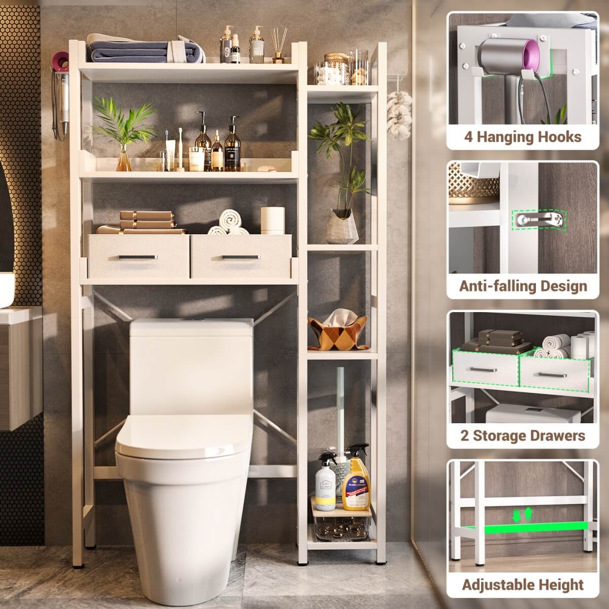 7 Tier Over The Toilet Storage with 2 Drawers, Shelf Adjustable