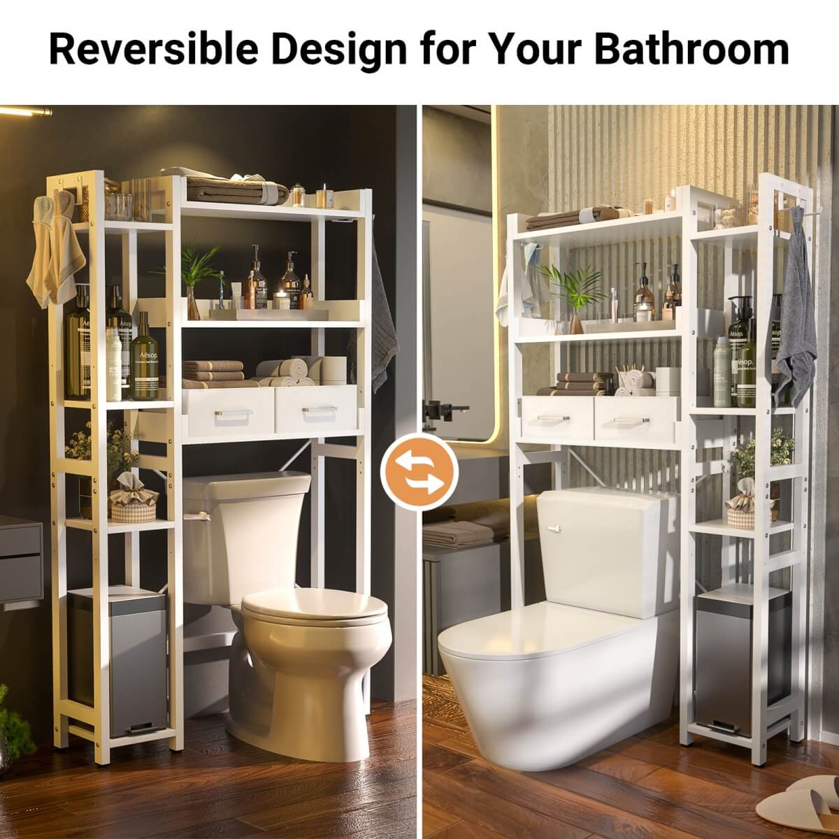 7 Tier Over The Toilet Storage with 2 Drawers, Shelf Adjustable