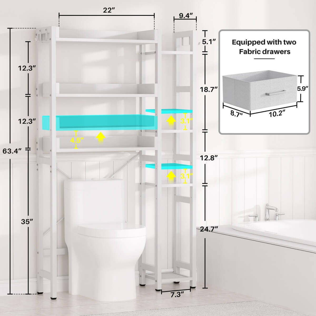 7 Tier Over The Toilet Storage with 2 Drawers, Shelf Adjustable