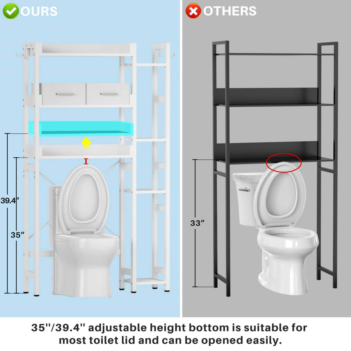 7 Tier Over The Toilet Storage with 2 Drawers, Shelf Adjustable