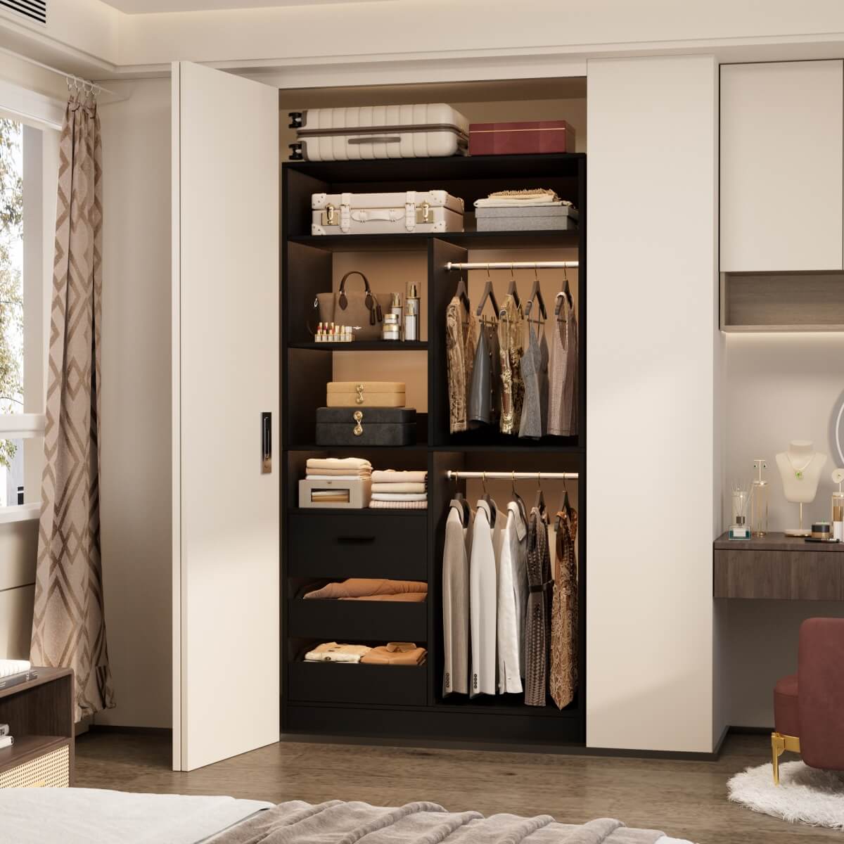 36 Inch Freestanding Walk In Closet System with 2 Drawers & Hanging Rods