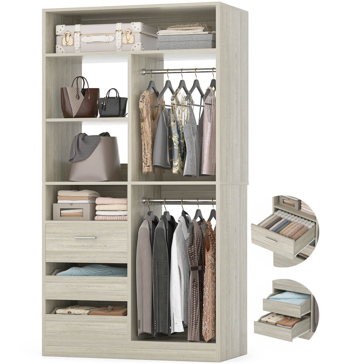 36 Inch Freestanding Walk In Closet System with 2 Drawers & Hanging Rods