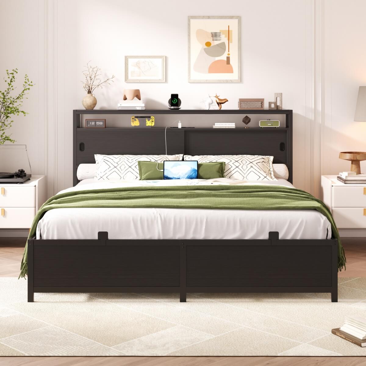 Bed Frame with Storage Slide Door Headboard, Built In Outlet and LED Lights