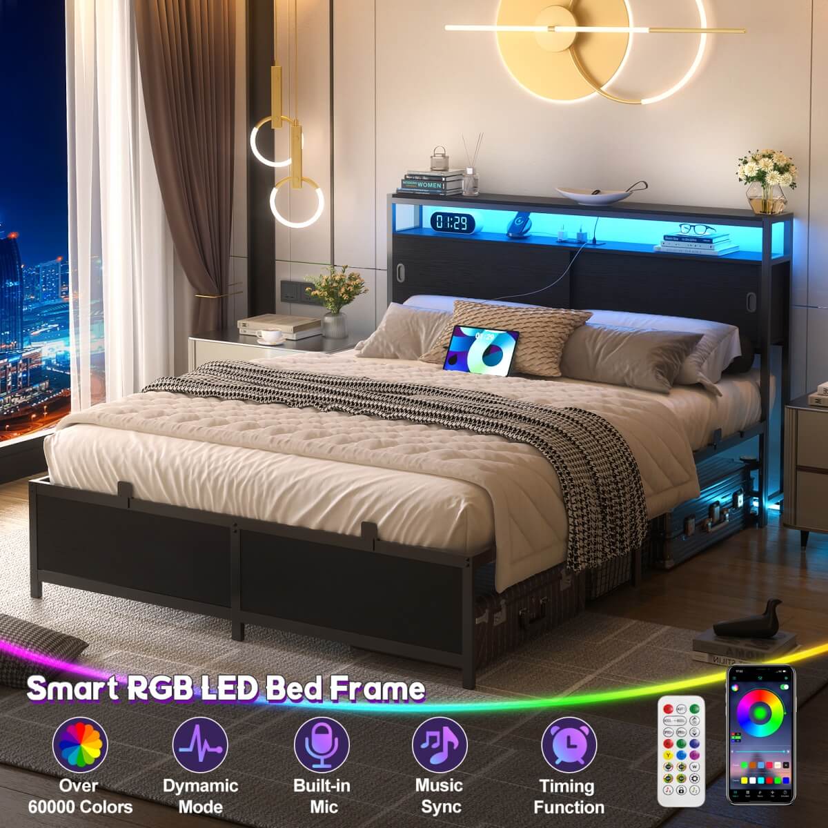 Bed Frame with Storage Slide Door Headboard, Built In Outlet and LED Lights
