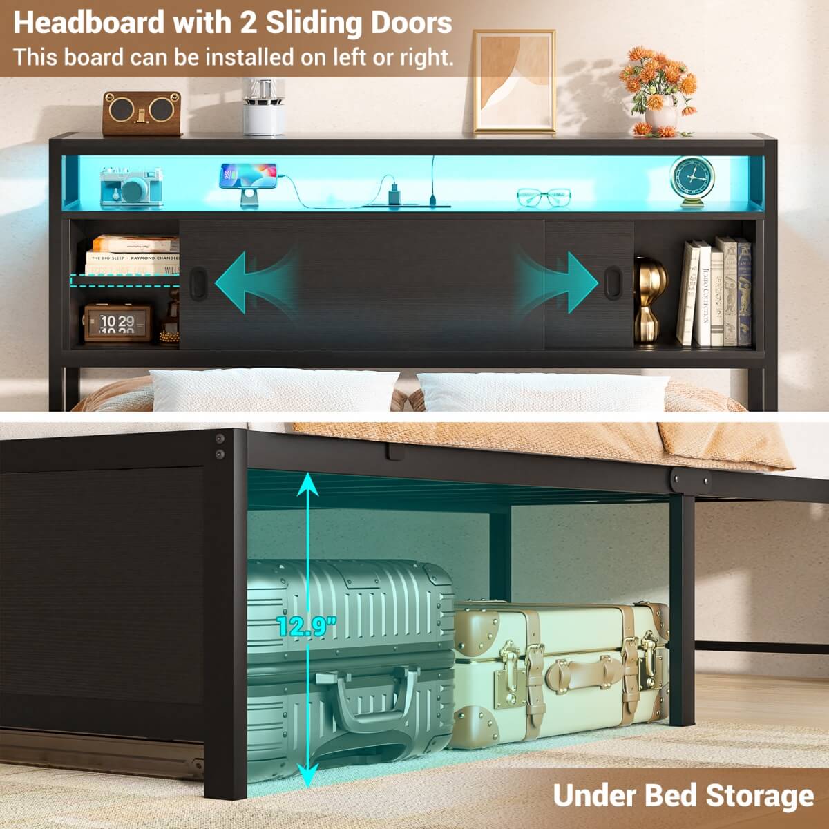Bed Frame with Storage Slide Door Headboard, Built In Outlet and LED Lights