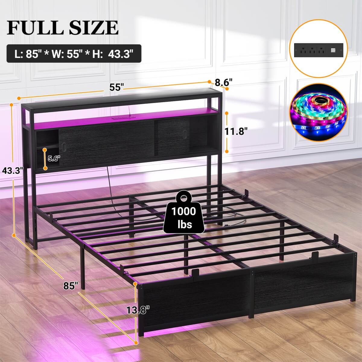 Bed Frame with Storage Slide Door Headboard, Built In Outlet and LED Lights