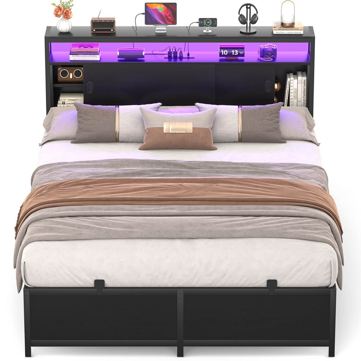 Bed Frame with Storage Slide Door Headboard, Built In Outlet and LED Lights