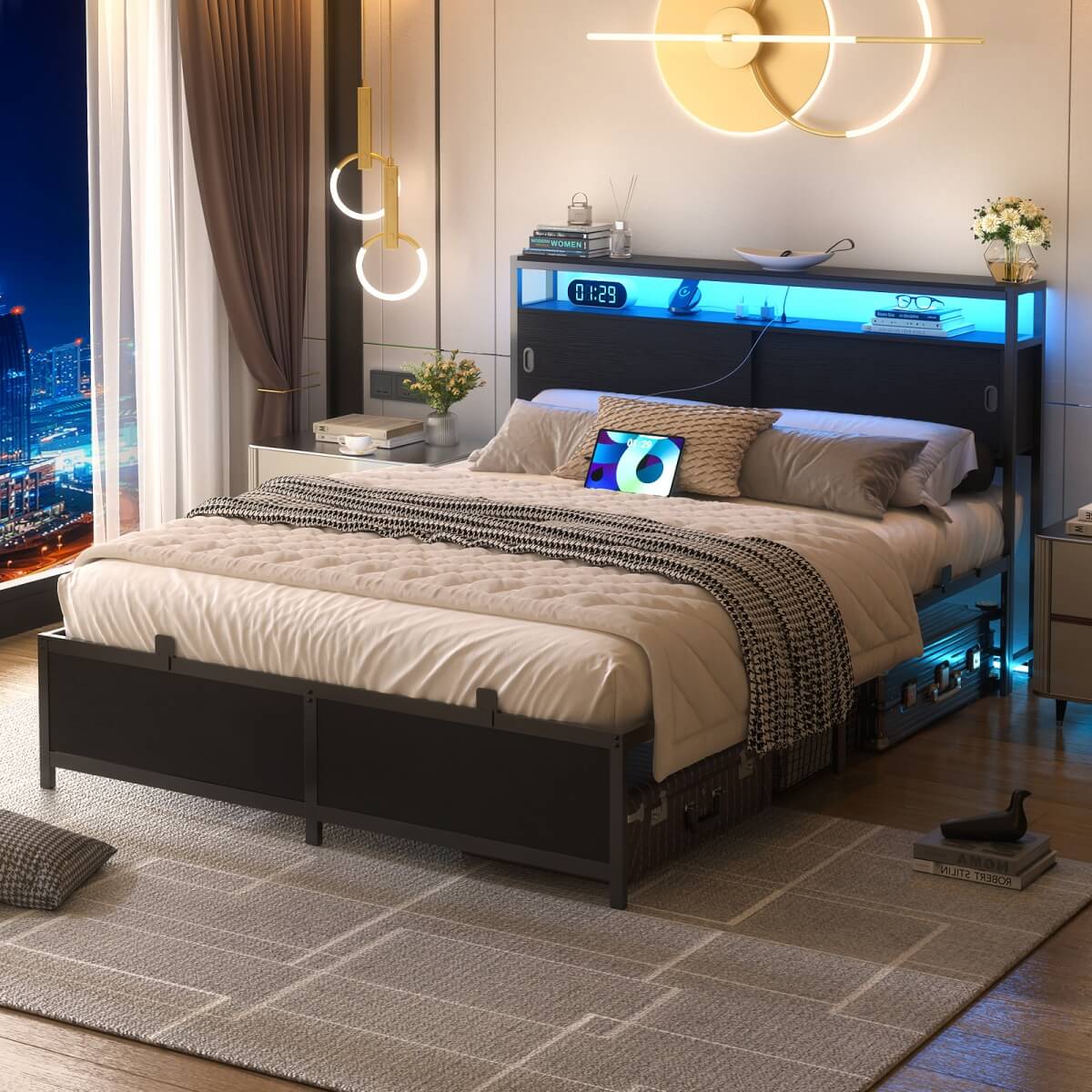 Bed Frame with Storage Slide Door Headboard, Built In Outlet and LED Lights