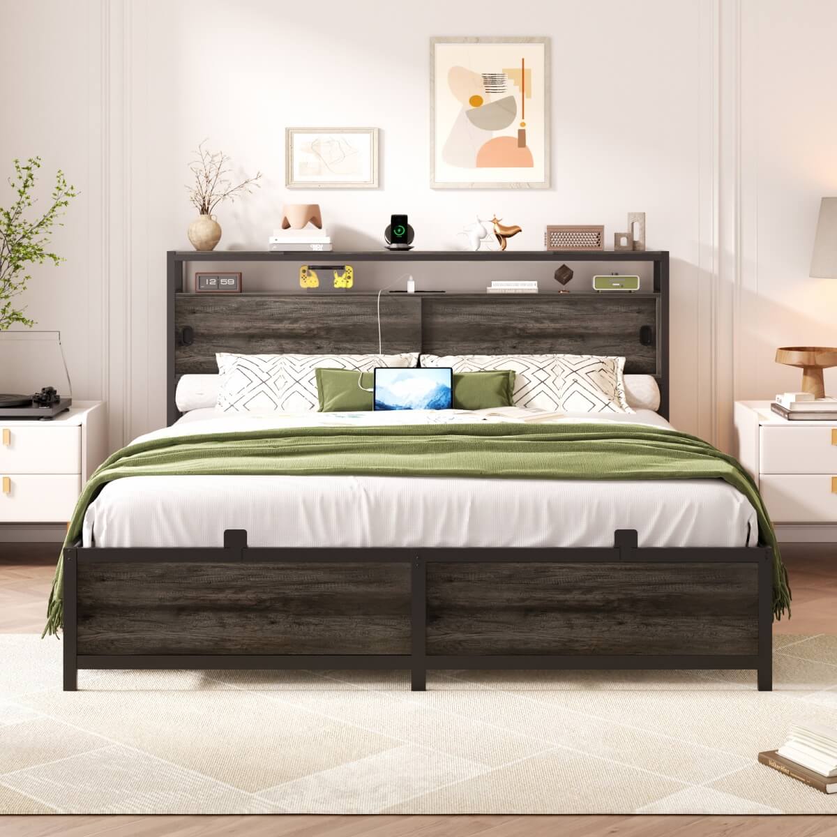 Bed Frame with Storage Slide Door Headboard, Built In Outlet and LED Lights
