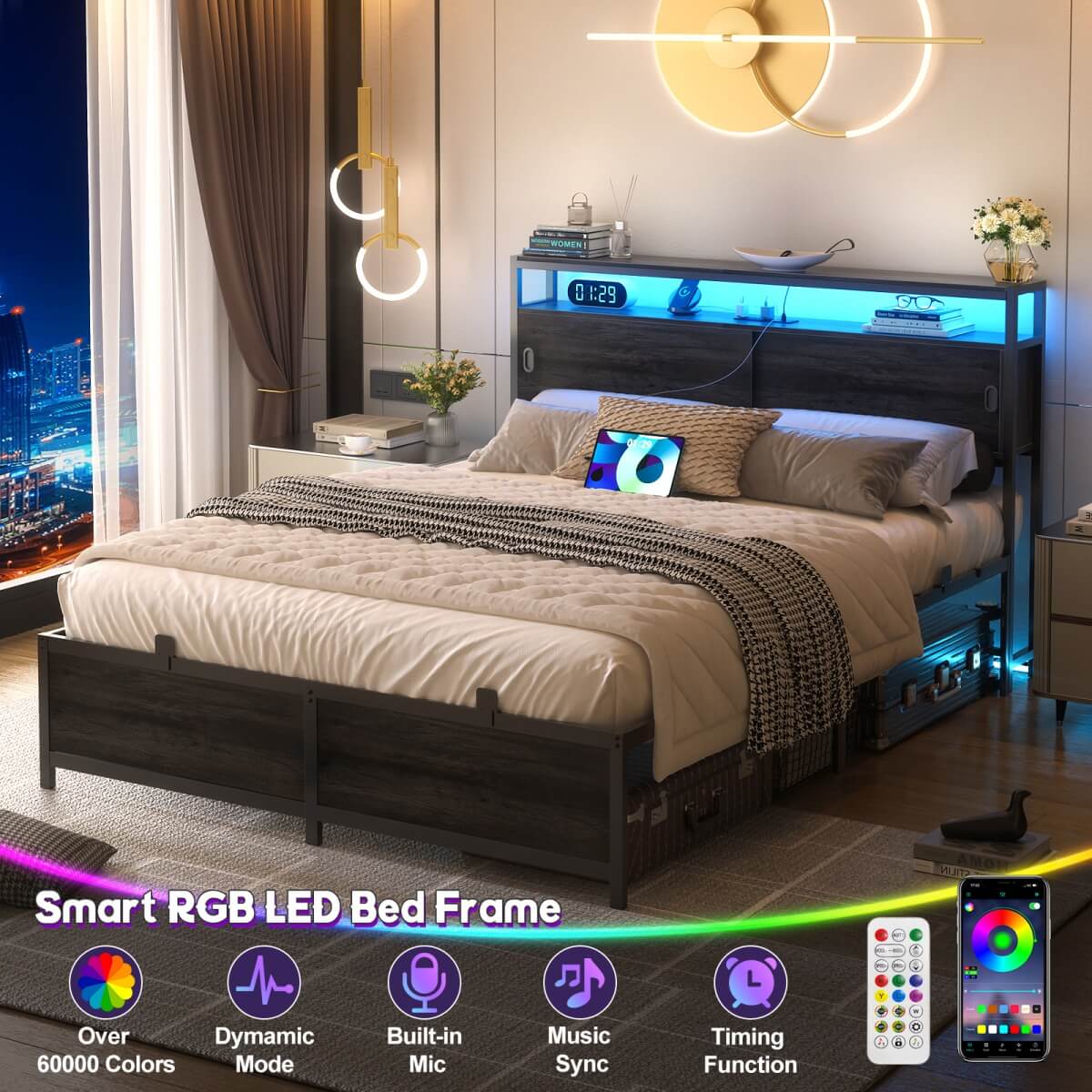 Bed Frame with Storage Slide Door Headboard, Built In Outlet and LED Lights