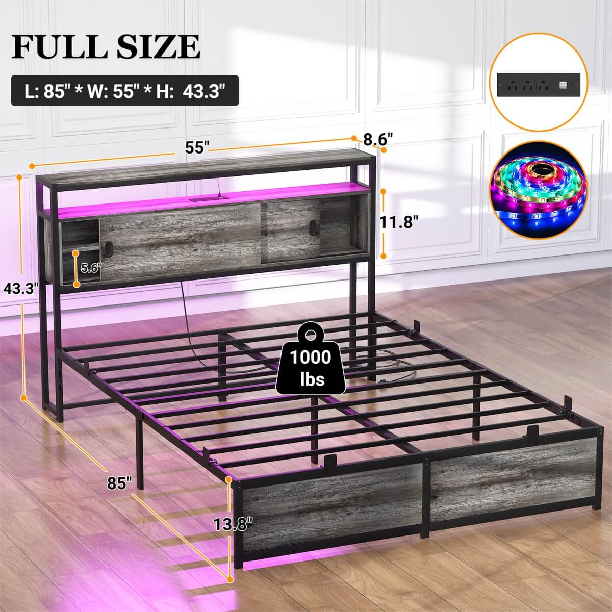 Bed Frame with Storage Slide Door Headboard, Built In Outlet and LED Lights