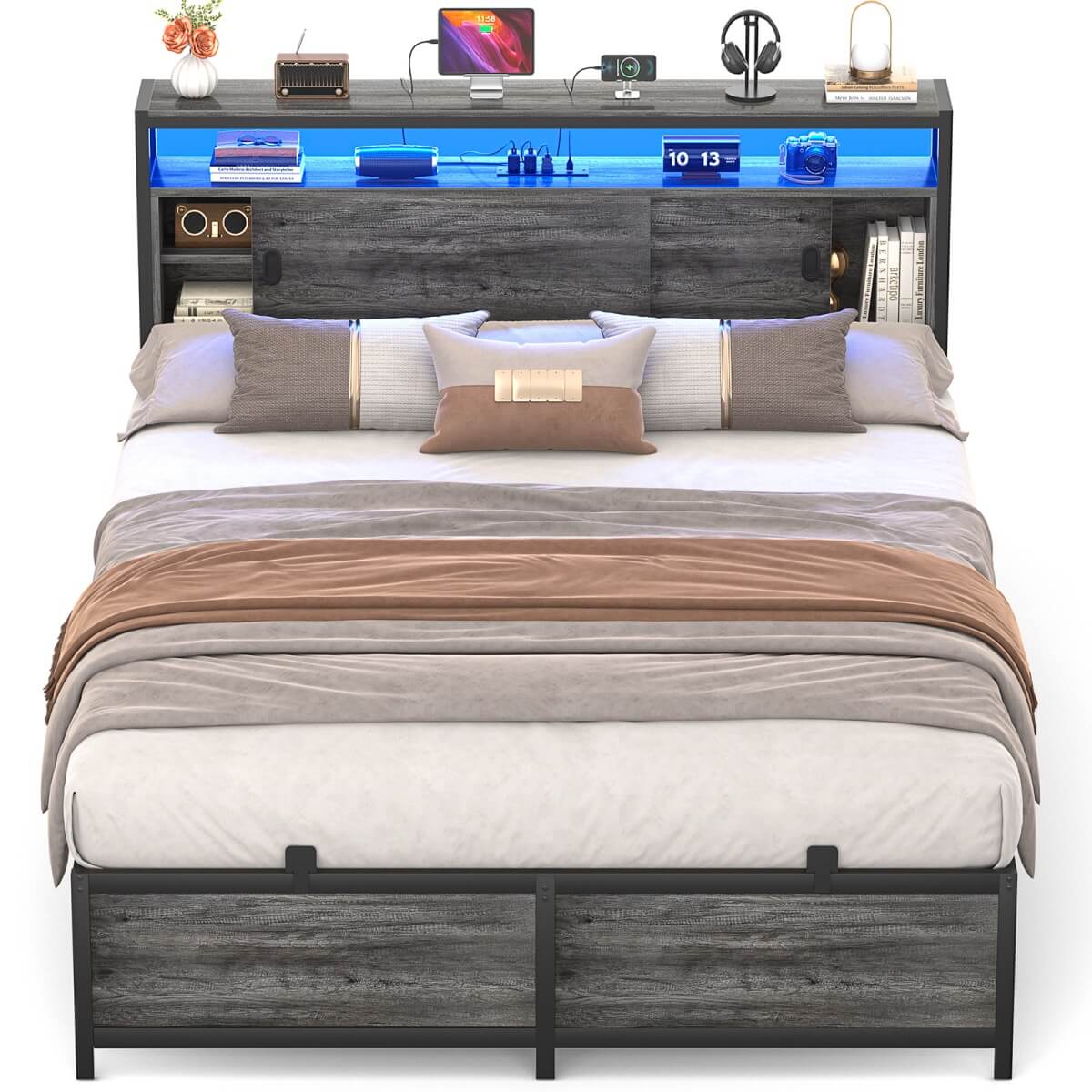 Bed Frame with Storage Slide Door Headboard, Built In Outlet and LED Lights