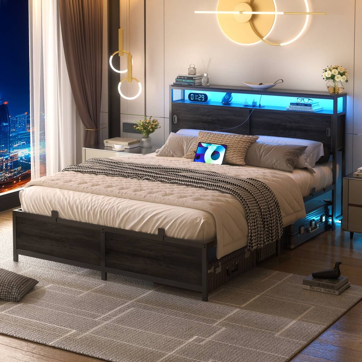 Bed Frame with Storage Slide Door Headboard, Built In Outlet and LED Lights