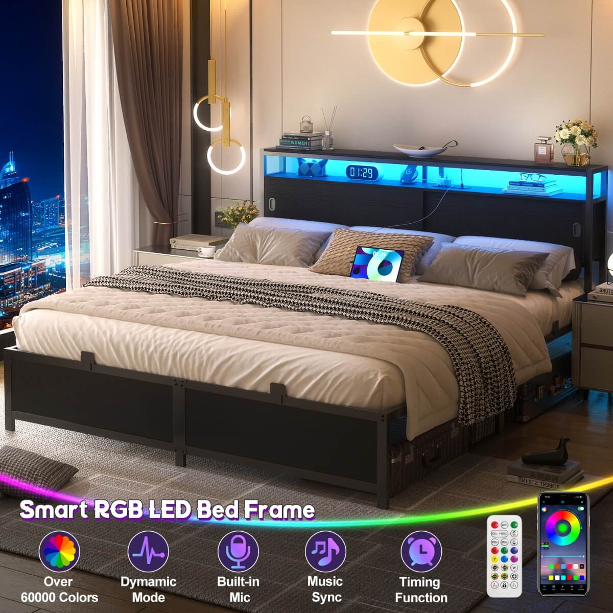 Bed Frame with Storage Slide Door Headboard, Built In Outlet and LED Lights