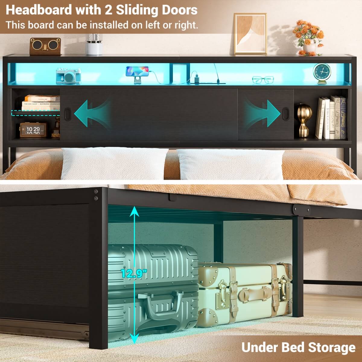 Bed Frame with Storage Slide Door Headboard, Built In Outlet and LED Lights