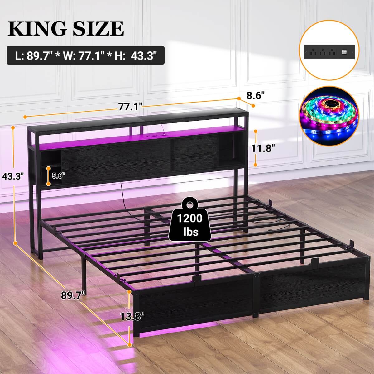 Bed Frame with Storage Slide Door Headboard, Built In Outlet and LED Lights