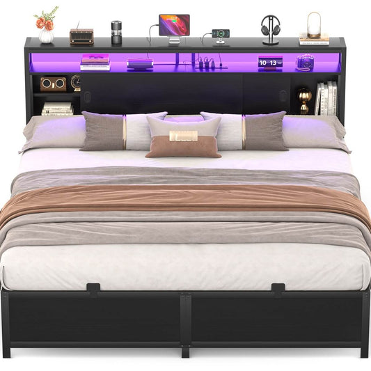 Bed Frame with Storage Slide Door Headboard, Built In Outlet and LED Lights