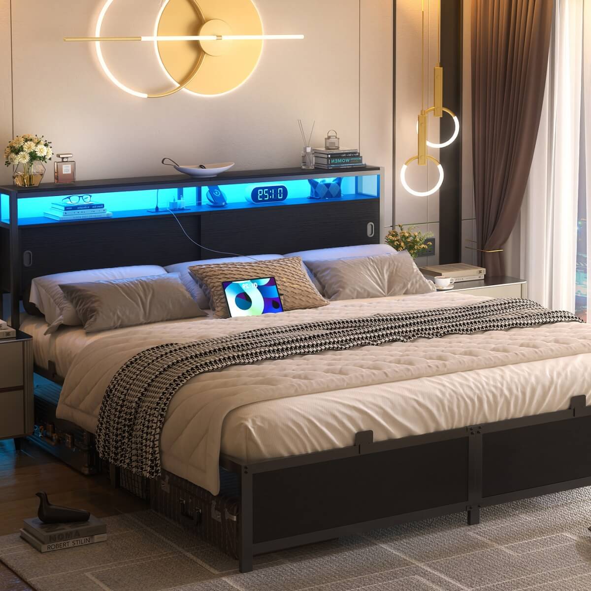 Bed Frame with Storage Slide Door Headboard, Built In Outlet and LED Lights